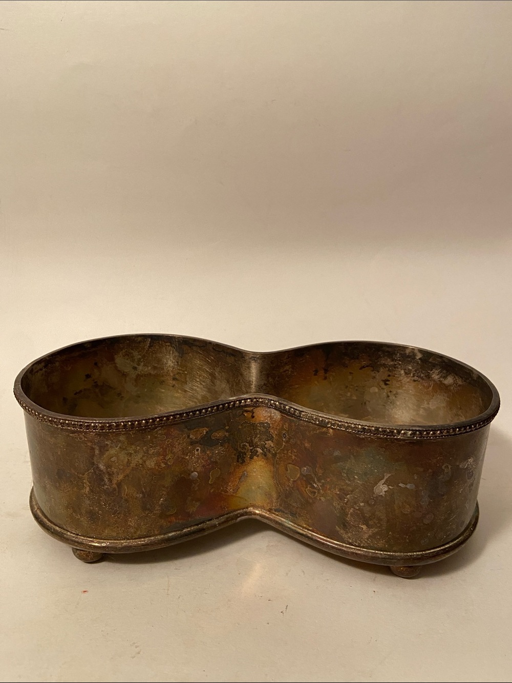 Antique-Style Silverplate Double Bowl Metal Bottle Holders/Planter Ball Feet